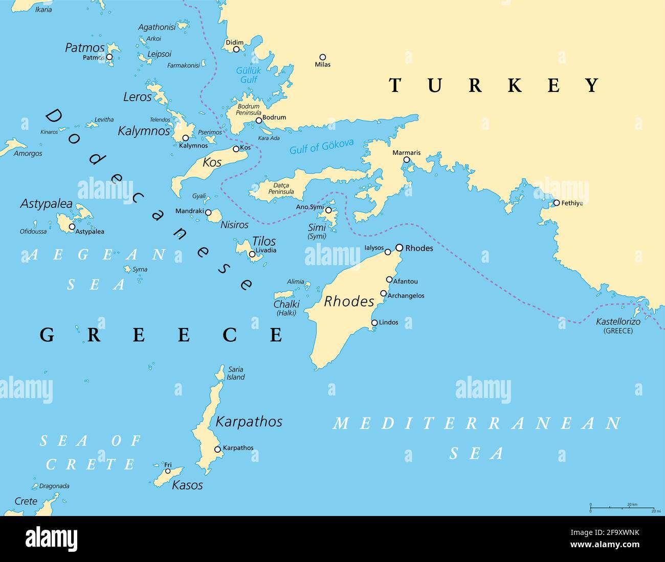 Dodekanes, politische Landkarte. Gruppe griechischer Inseln in der südöstlichen Ägäis und im östlichen Mittelmeer, vor der Küste der Türkei. Stockfoto