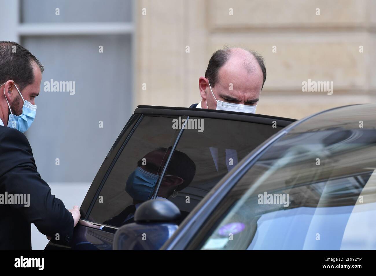 Jean Castex, Premierminister, entlässt am 21. April 2021 den Ministerrat im Élysée-Palast in Paris, Frankreich. (Foto von Lionel Urman/Sipa USA) Stockfoto