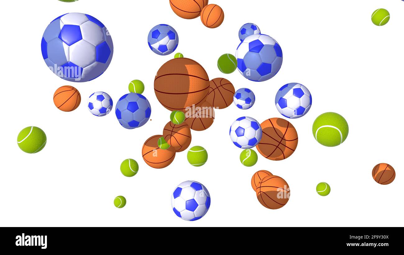 3D-Darstellung von Bällen verschiedener Sportarten, Fußball, Basketball,  Tennis, Golf. Auf den Boden fallen und hüpfen. Auf weißem Hintergrund  ausschneiden Stockfotografie - Alamy