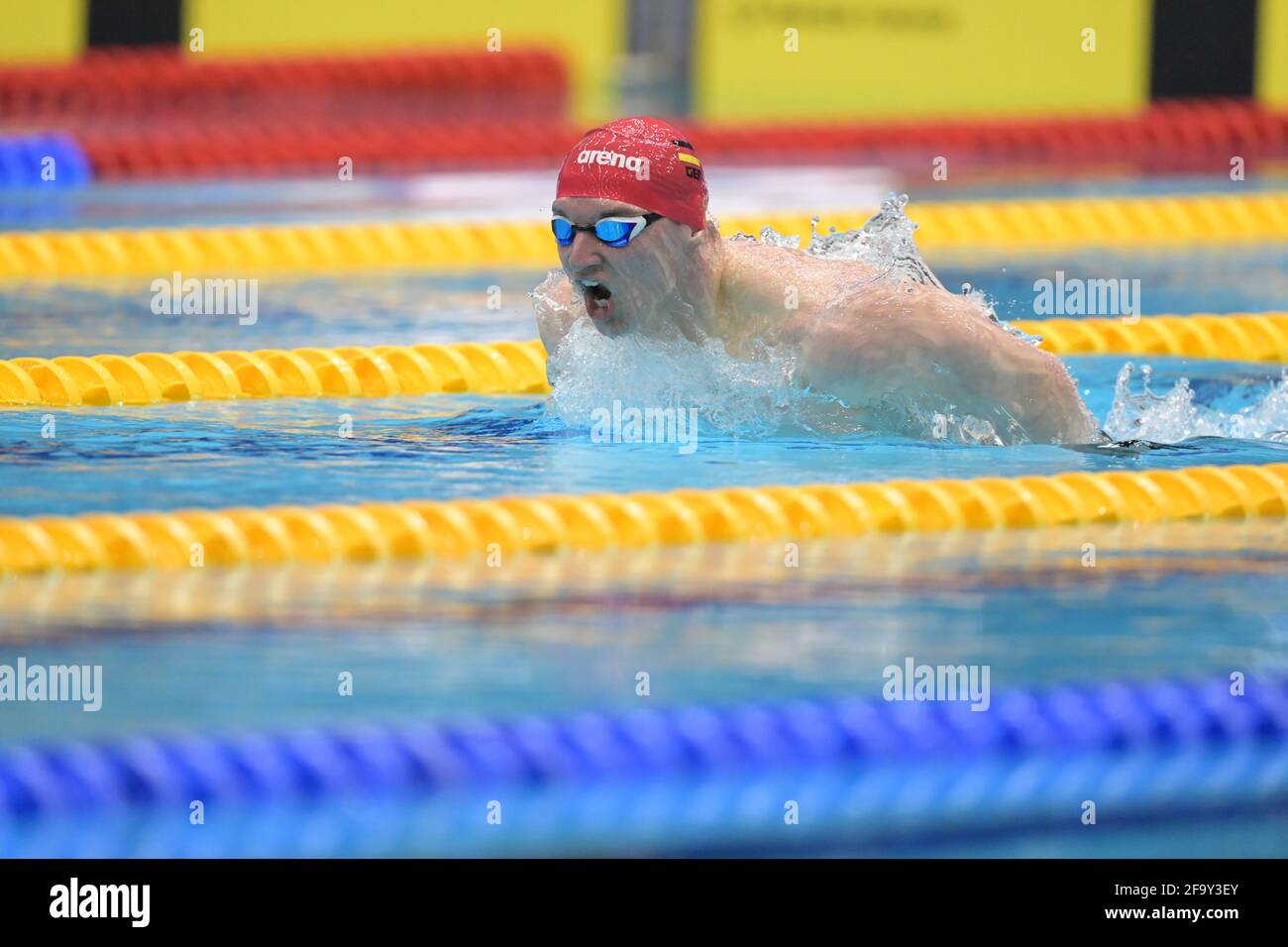 Berlin, Deutschland. April 2021. Schwimmen, olympische Qualifikation, Schwimmbadschwimmen, 200 Meter Schmetterling, Männer, Finale: Ramon Klenz, SG Neukölln. Quelle: Soeren Stache/dpa-Zentralbild/ZB/dpa/Alamy Live News Stockfoto