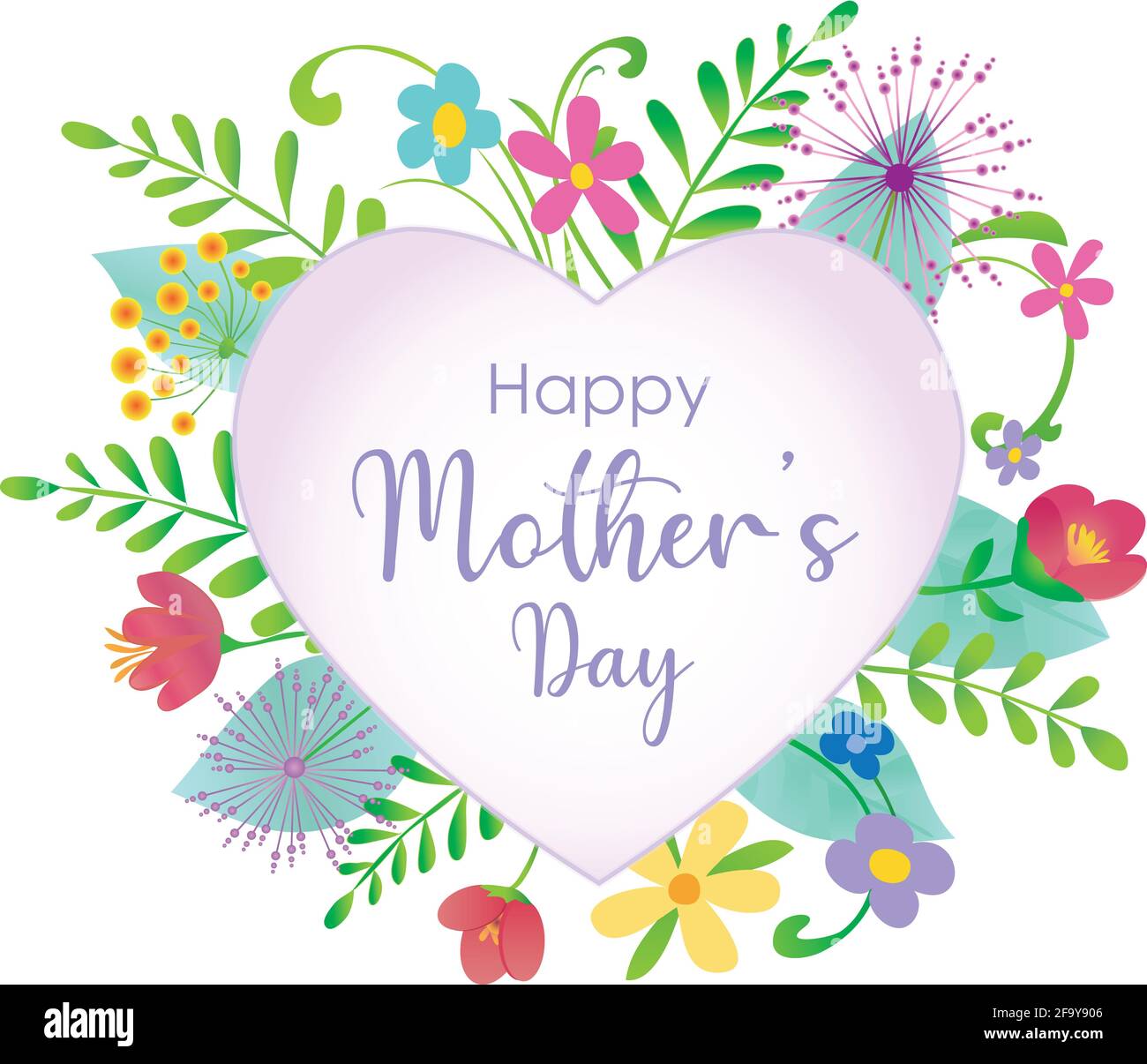 Happy Mother's Day Blumendesign mit schlichtem Herz in der Mitte Stockfoto Happy Mother's Day Blumendesign mit schlichtem Herz in der Mitte Stockfoto