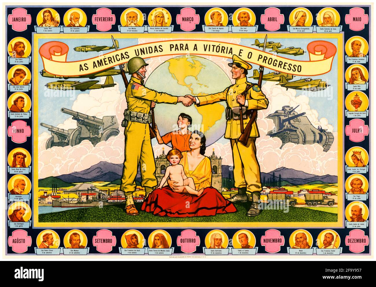 Südamerika und Amerika, gemeinsames OCIAA-Propagandaplakat des 2. Weltkrieges: Die Vereinigten Amerikas für Sieg und Fortschritt, 1942-1945 Stockfoto