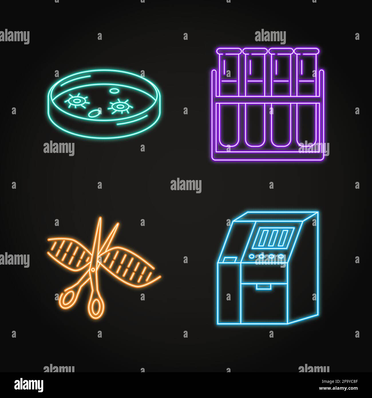 Genom-Sequenzierung Konzept Neon-Symbole gesetzt. Vektorgrafik. Stock Vektor