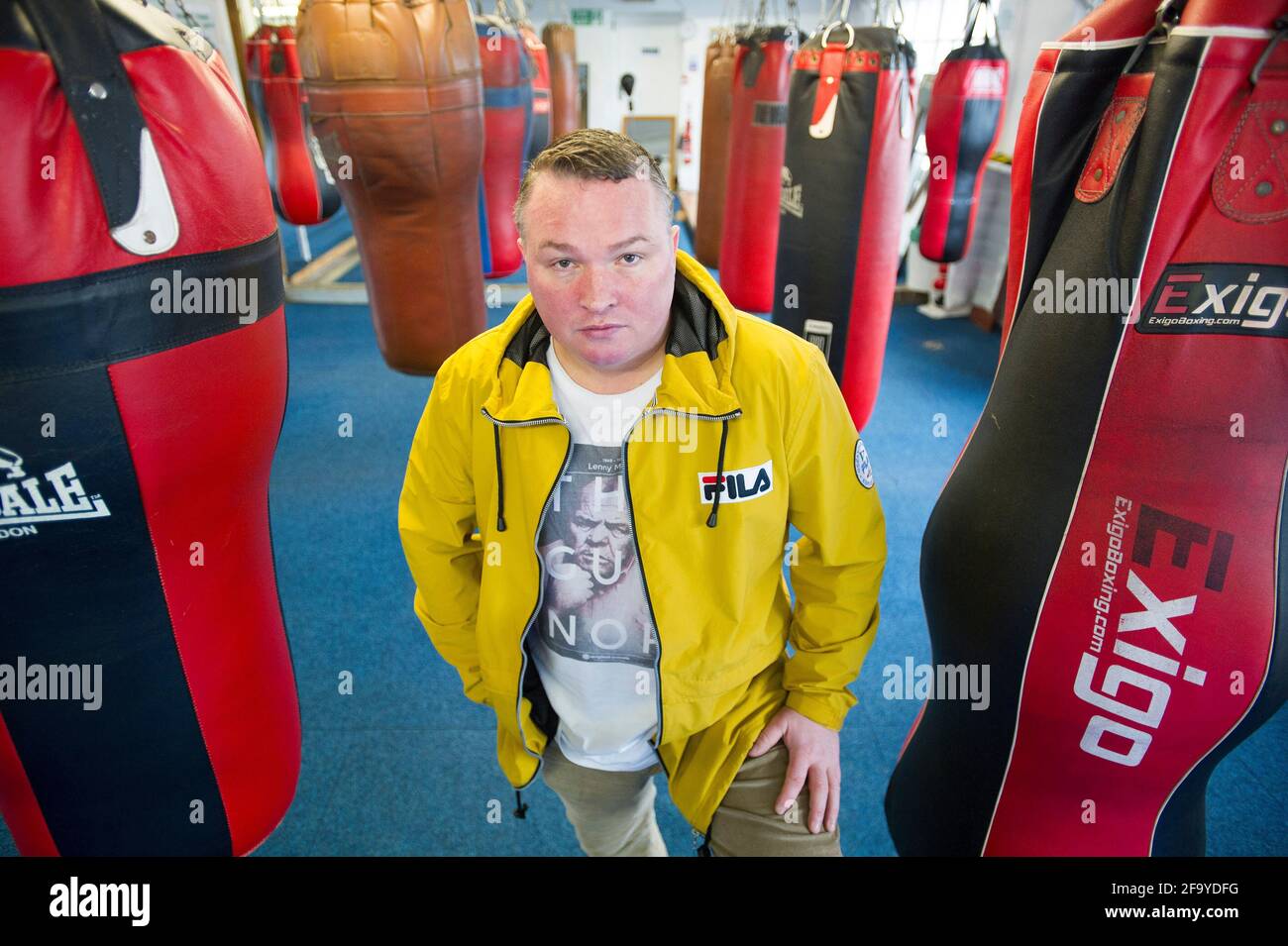 Stock Bild 09/04/2018 von Bradley Welsh (jetzt verstorben) im Holyrood Boxing Gym, Duddingston, Edinburgh. Welsh wurde 2019 in seinem Haus ermordet. Stockfoto