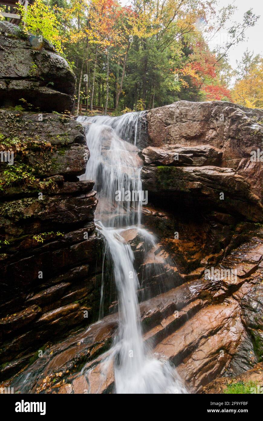 Ein Wasserfall in der Flume Gorge im Franconia Notch State Park, New Hampshire, USA. Stockfoto