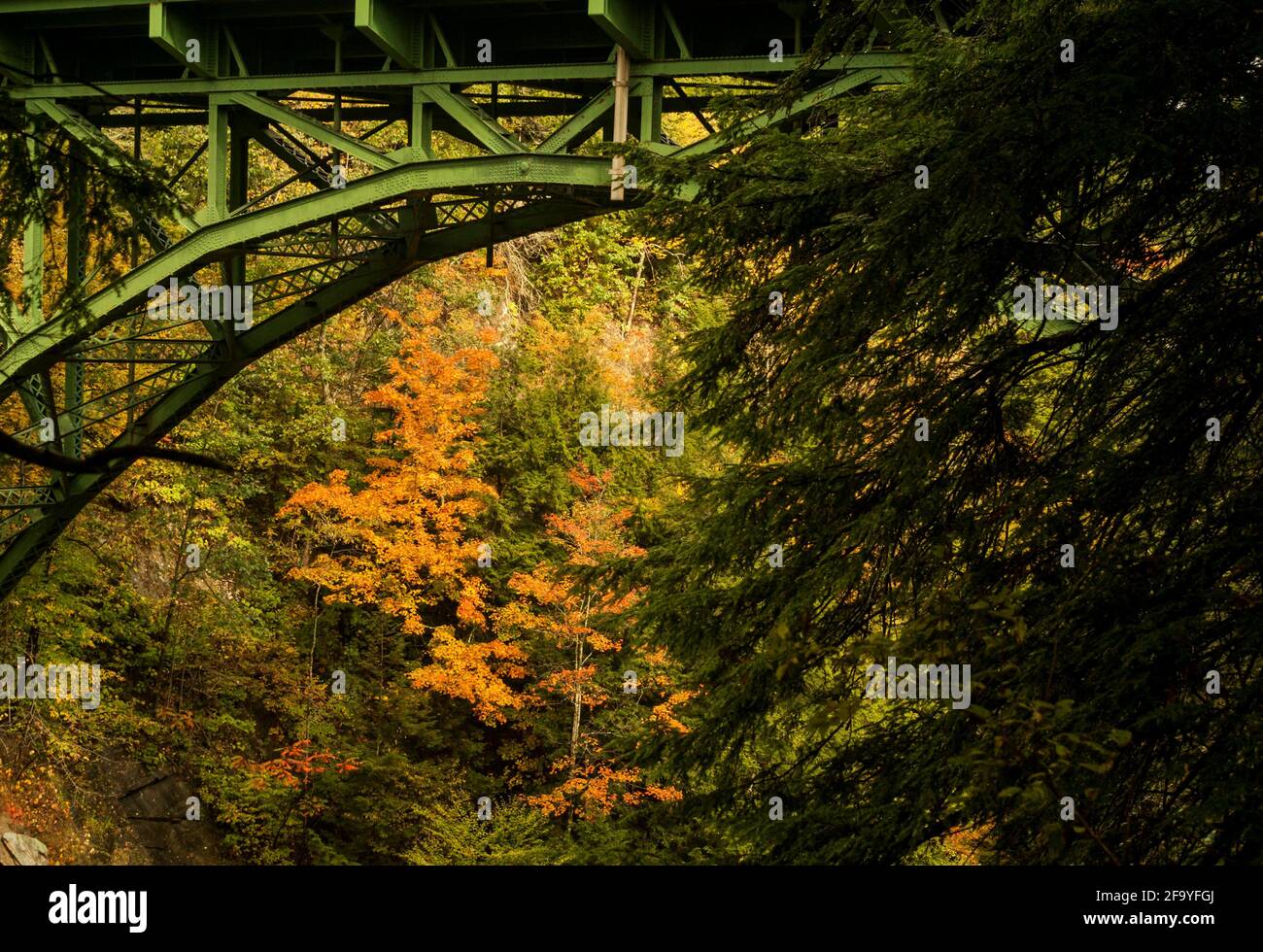 Eine grüne Eisenbrücke, die Quechee Gorge, Vermont, USA im Herbst überspannt. Stockfoto