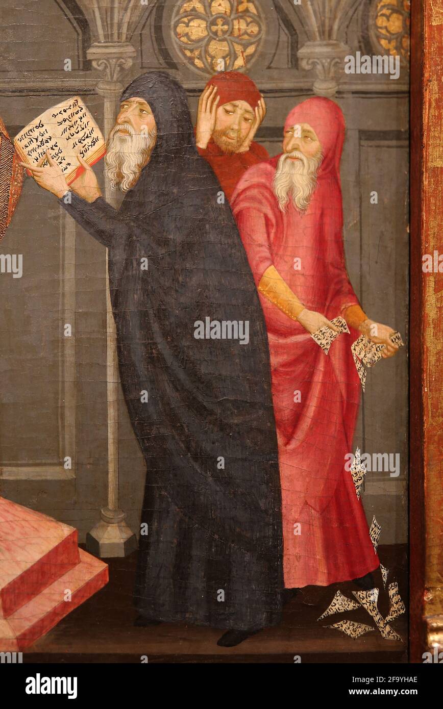 Altarbild des heiligen Stephanus von Jaume Serra. CA. 1385. Kloster St. Maria de Gualter. Die Dispotie mit den juden. Detail der juden. National Art Museum of Stockfoto