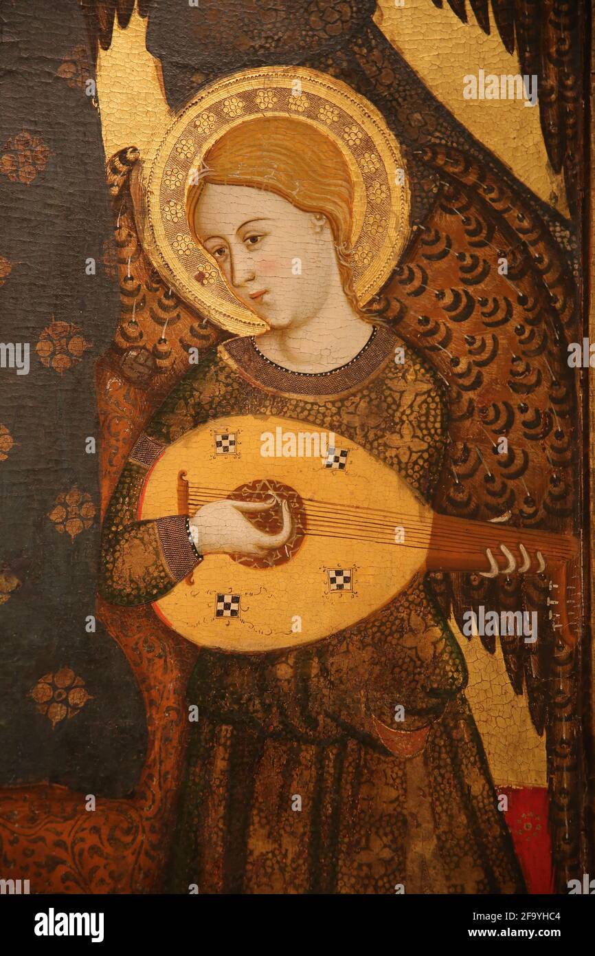 Altarbild der Jungfrau der Milch von Llorenç Saragossa. 14. Jahrhundert. Von der Kathedrale von Albarracin, Aragon. Musiker Engel. Nationales Kunstmuseum von Catalo Stockfoto