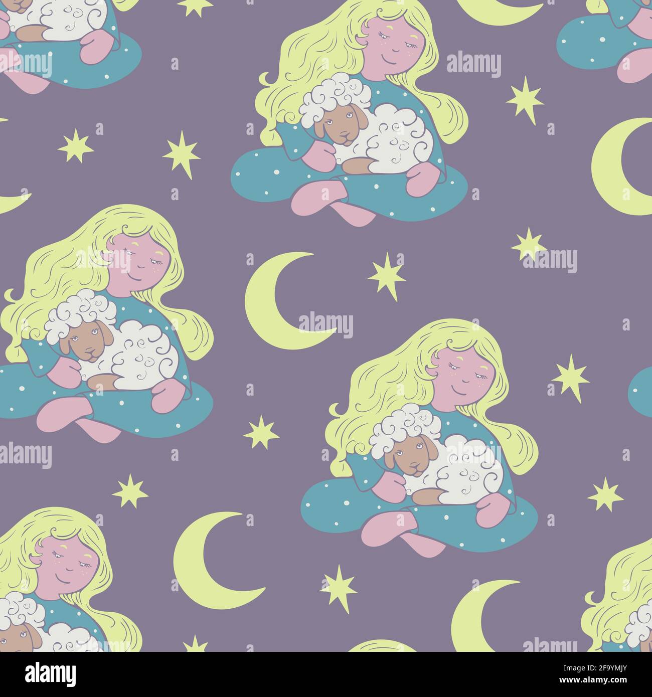 Vektor nahtlose Muster mit sitzenden Mädchen hält Lamm mit Mond und Sterne auf dem Hintergrund. Design für den Einsatz in der Kleidung oder im Textil. Stock Vektor