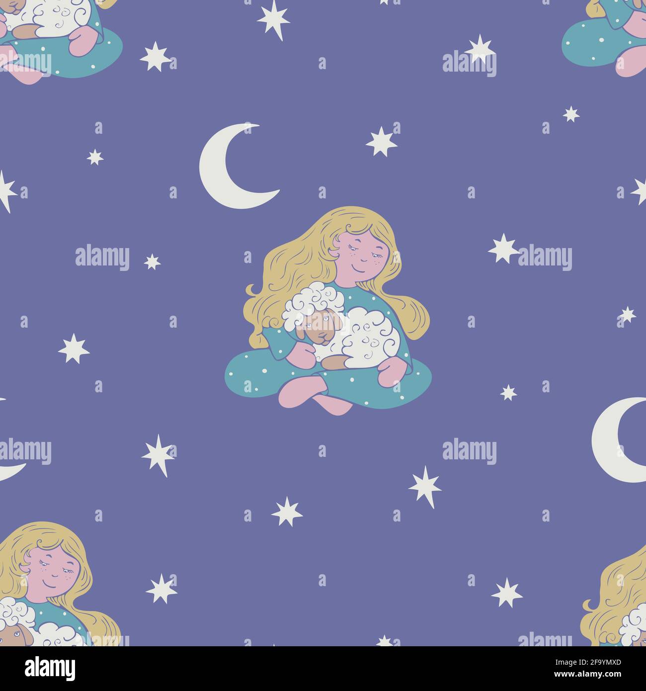 Vektor nahtlose Muster mit sitzenden Mädchen hält Lamm mit Mond und Sterne auf dem Hintergrund. Design für den Einsatz in der Kleidung oder im Textil. Stock Vektor