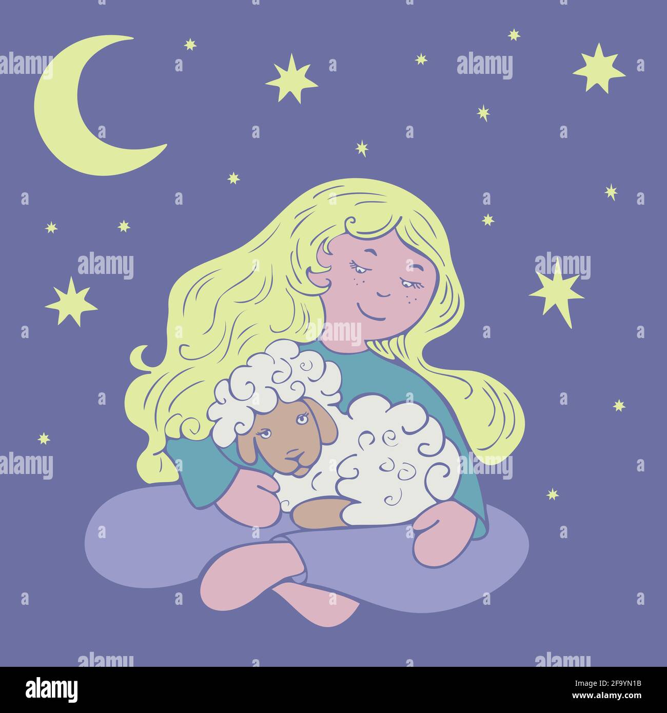 Vektor-Illustration mit sitzenden Mädchen und Lamm mit Mond und Sternen auf dem Hintergrund. Design für den Einsatz in der Kleidung oder im Textil. Stock Vektor