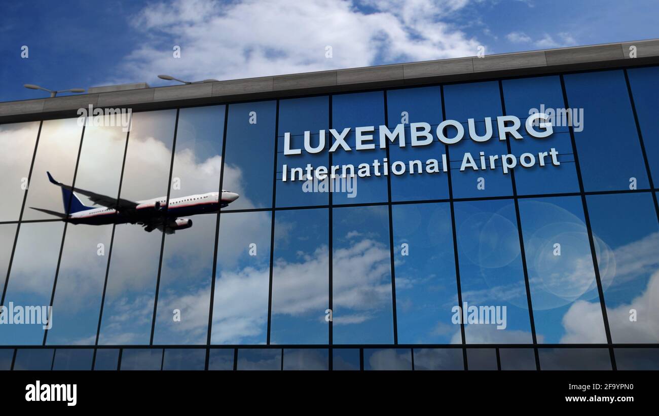 Jet-Flugzeuge landen in Luxemburg 3D Rendering Illustration. Ankunft in der Stadt mit dem Flughafen-Terminal aus Glas und Reflexion des Flugzeugs. Reisen, Stockfoto