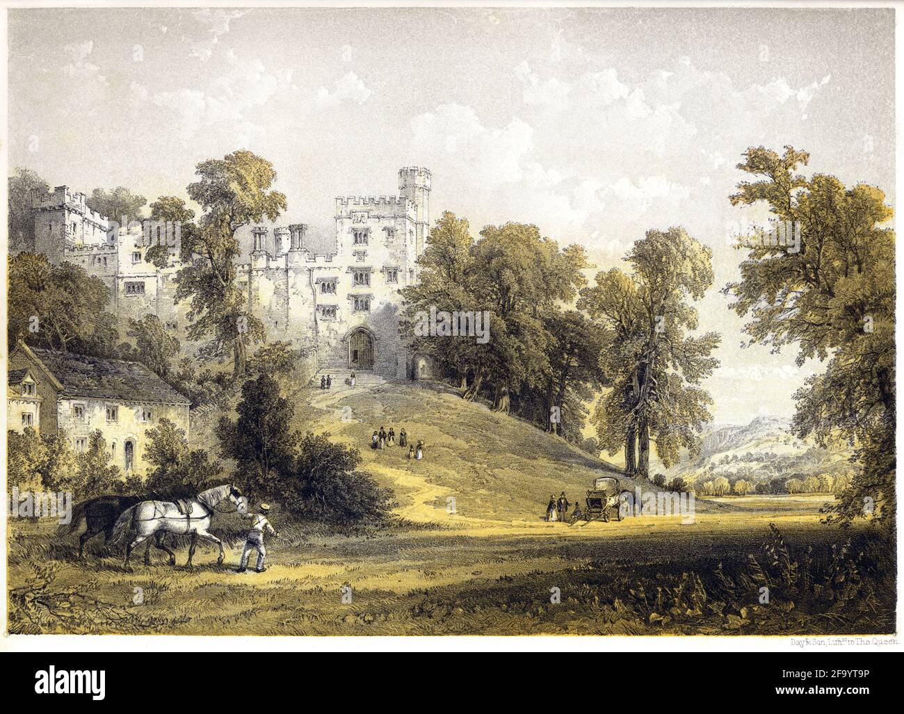 Eine Lithotinte von Haddon Hall, Derbyshire, scannte mit hoher Auflösung aus einem Buch, das 1858 gedruckt wurde. Für urheberrechtlich frei gehalten. Stockfoto