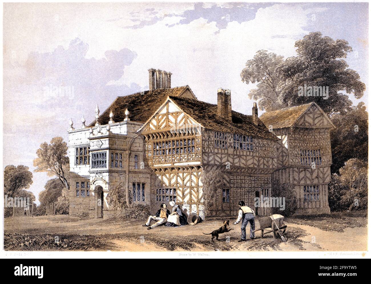 Lancashire UK, eine Lithotinta der Hall in the Wood (Hall i' Th' Wood), scannte mit hoher Auflösung aus einem Buch, das 1858 gedruckt wurde. Für urheberrechtlich frei gehalten. Stockfoto