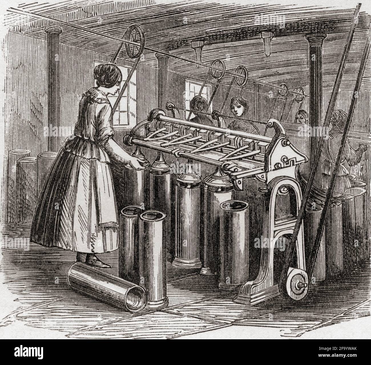 Der Zeichnungsrahmen oder Spinnrahmen, eine Maschine zum Zeichnen, Wickeln und Verdrehen von Garn, die durch das Ziehen von Baumwolle oder Wolle durch Paare von nacheinander schnelleren Walzen betrieben wird. Aus der Geschichte des Fortschritts in Großbritannien, veröffentlicht 1866. Stockfoto
