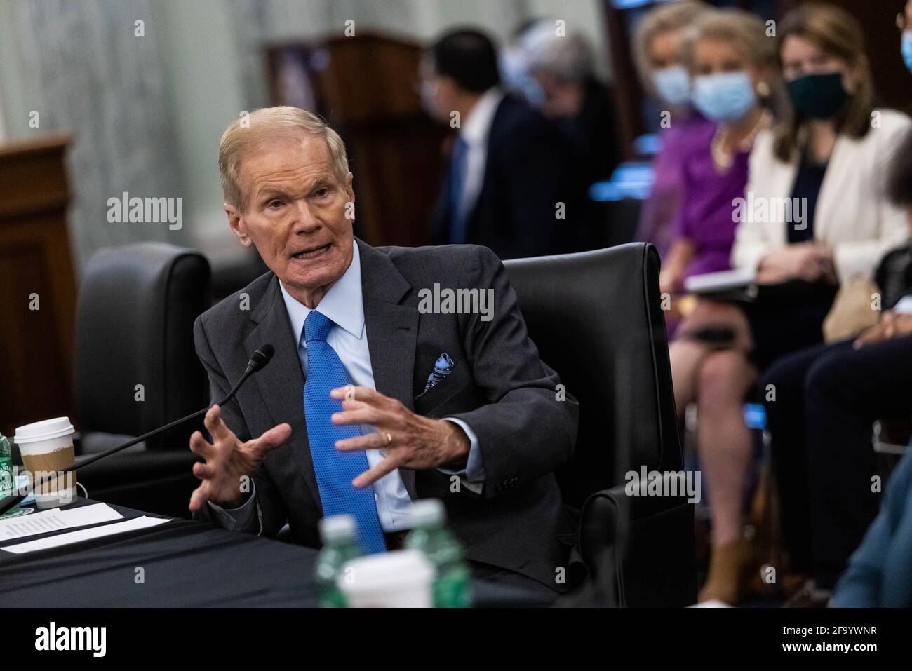 Der für den Administrator der NASA nominierte ehemalige Senator Bill Nelson, FL, bezeugt dies während einer Anhörung des Senats für Handel, Wissenschaft und Transport auf dem Capitol Hill in Washington, DC am Mittwoch, dem 21. April 2021. (Foto von Pool/Sipa USA) Stockfoto