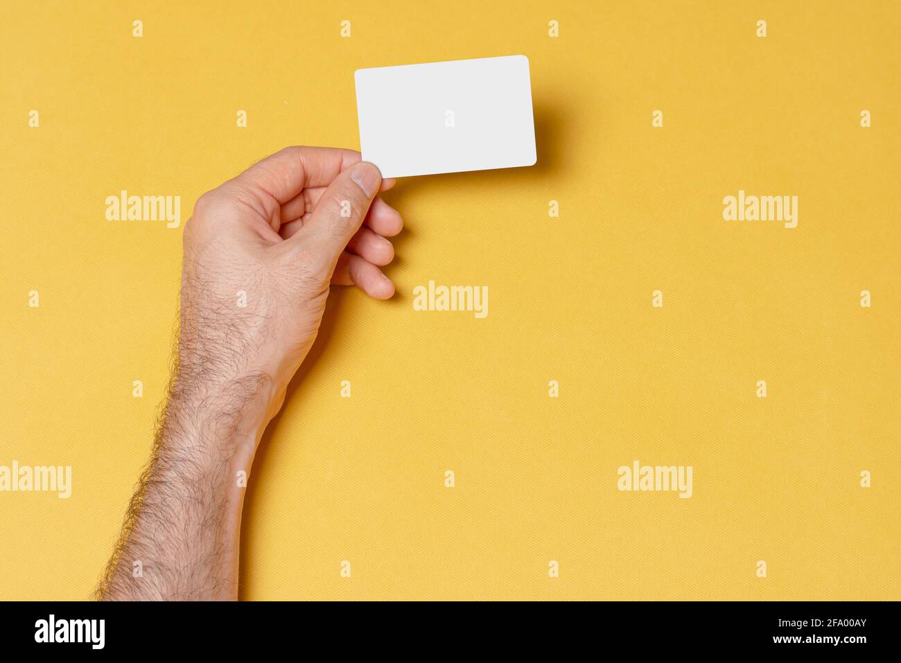 Visitenkarte in männlicher Hand, bearbeitbare PSD-Modellreihe mit intelligenten Objektebenen, die für Ihr Design bereit sind, Visitenkarte Auswahlpfad enthalten. Stockfoto