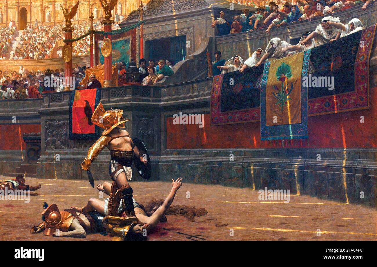 Gladiatoren. Gemälde von Jean-Léon Gérôme (1824-1904) mit 'Pollice Verso', zeigt einen römischen Gladiator, der mit dem Daumen nach unten zeigt, Öl auf Leinwand, 1872 Stockfoto
