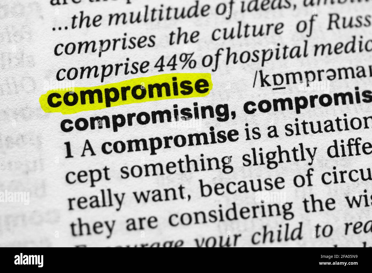 Hervorgehobenes Wort Kompromisskonzept und Bedeutung. Stockfoto