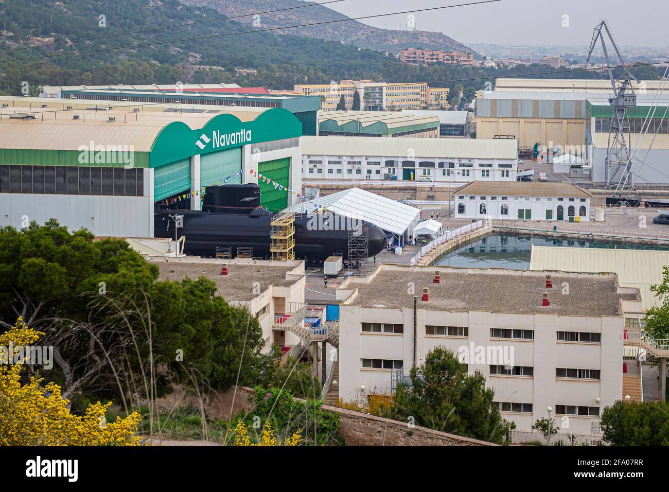 Cartagena, Spanien. April 2021. Vorbereitung der Eröffnungszeremonie des neuen U-Bootes S80 der spanischen Marine, genannt Isaac Peral. © ABEL F. ROS/Alamy Live News Stockfoto