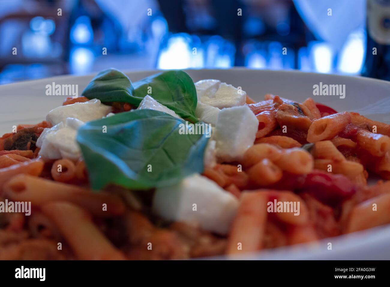 l'Italia la riconosci dappertutto soprattutto quando ti portano la Pasta Al sugo alle melanzane soffritte con mozzarella e Basilico Stockfoto