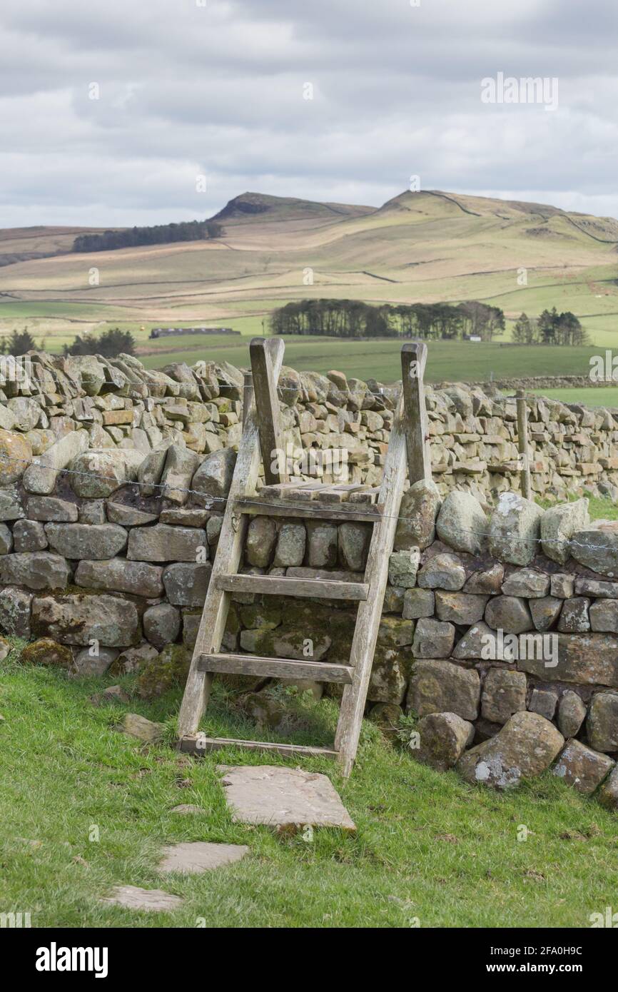 Ein Holzstile über einer trockenen Steinmauer auf dem Pennine Way und Hadrian's Wall National Trails, Northumberland National Park, an einem sonnigen frühen Frühling Stockfoto