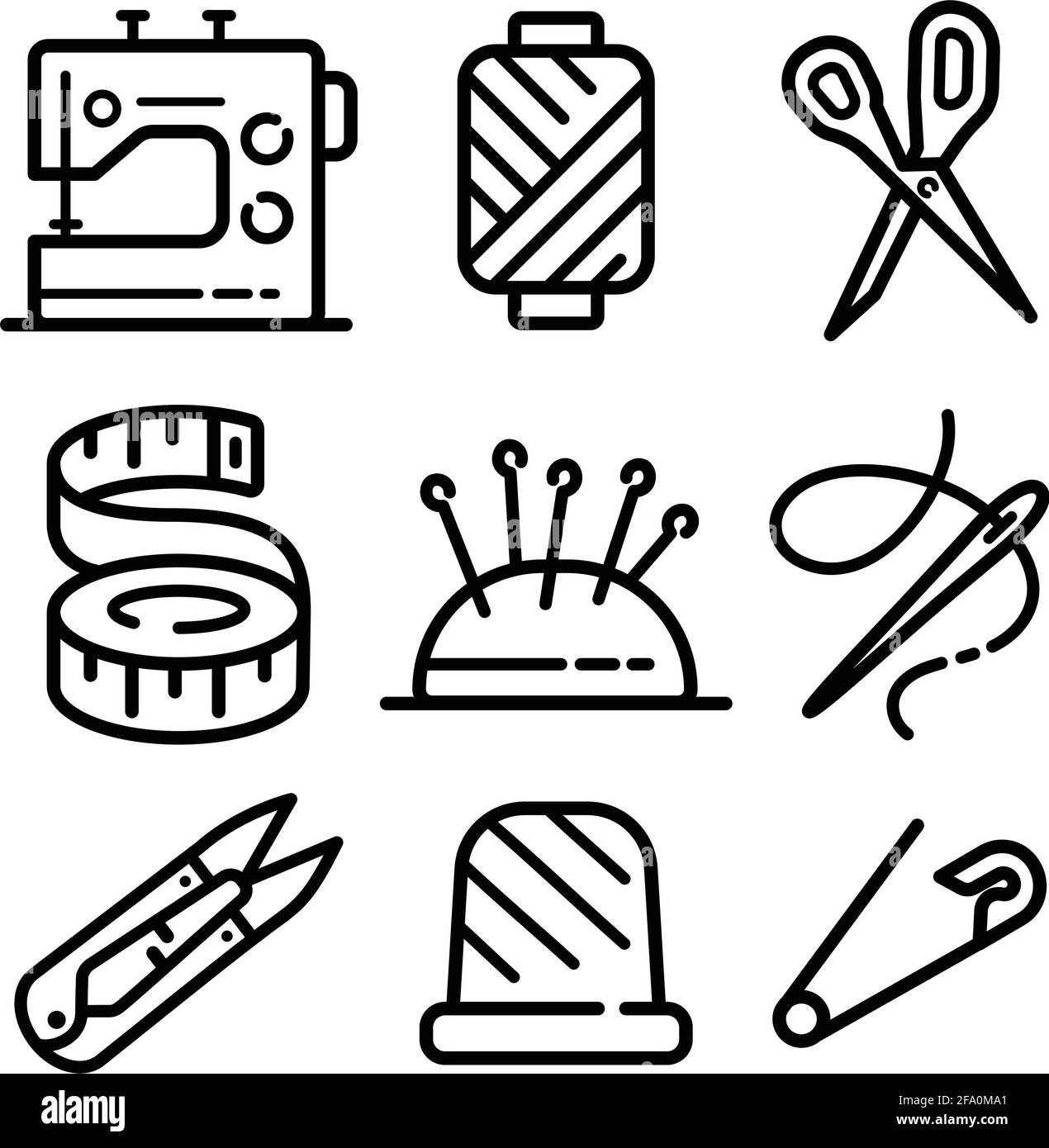 Nähen Verwandte Symbole gesetzt. Nadelarbeitswerkzeuge Vektor bearbeitbares Strichpiktogramm, moderne Umrisssymbole, isoliert auf weißem Hintergrund. Stock Vektor