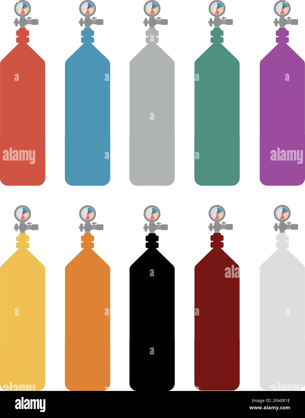 Satz von Gasflaschen in verschiedenen Farben. Flacher Vektor Stock Vektor