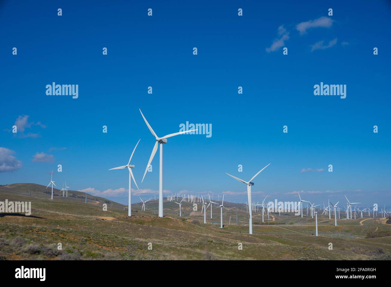 In den Bergen über Los Angeles, Kalifornien, werden in der Nähe von Häusern Windkraftanlagen betrieben Stockfoto
