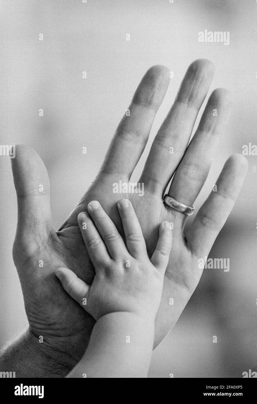 Die Hand des Babys auf der männlichen Hand des Vaters, schwarz und weiß Stockfoto