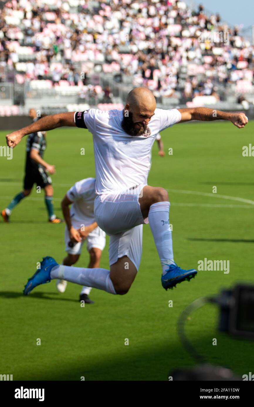 Fort Lauderdale, Florida, USA - 18. April 2021: Inter Miami CF gegen LA Galaxy, erstes Heimspiel bei der MLS 2021 Saison im DRV Pink Stadium Stockfoto