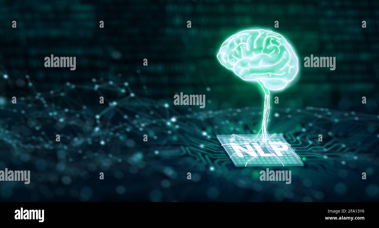 Gehirn auf CPU. Computer-Mainboard mit Binary. KI, Machine Learning und NLP Natural Language Processing Konzept der kognitiven Computertechnologie. 3D-Ren Stockfoto