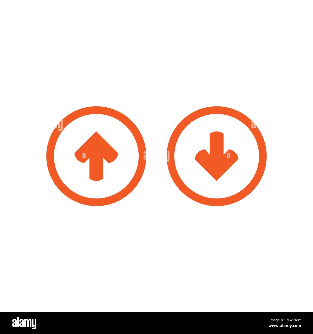 Roter abgerundeter Pfeil in rot orangefarbenem Kreis und roter abgerundeter Pfeil in rotem Kreis. Flaches Symbol isoliert auf weiß. Point-Down-Taste. südschild. Hochladen Stock Vektor