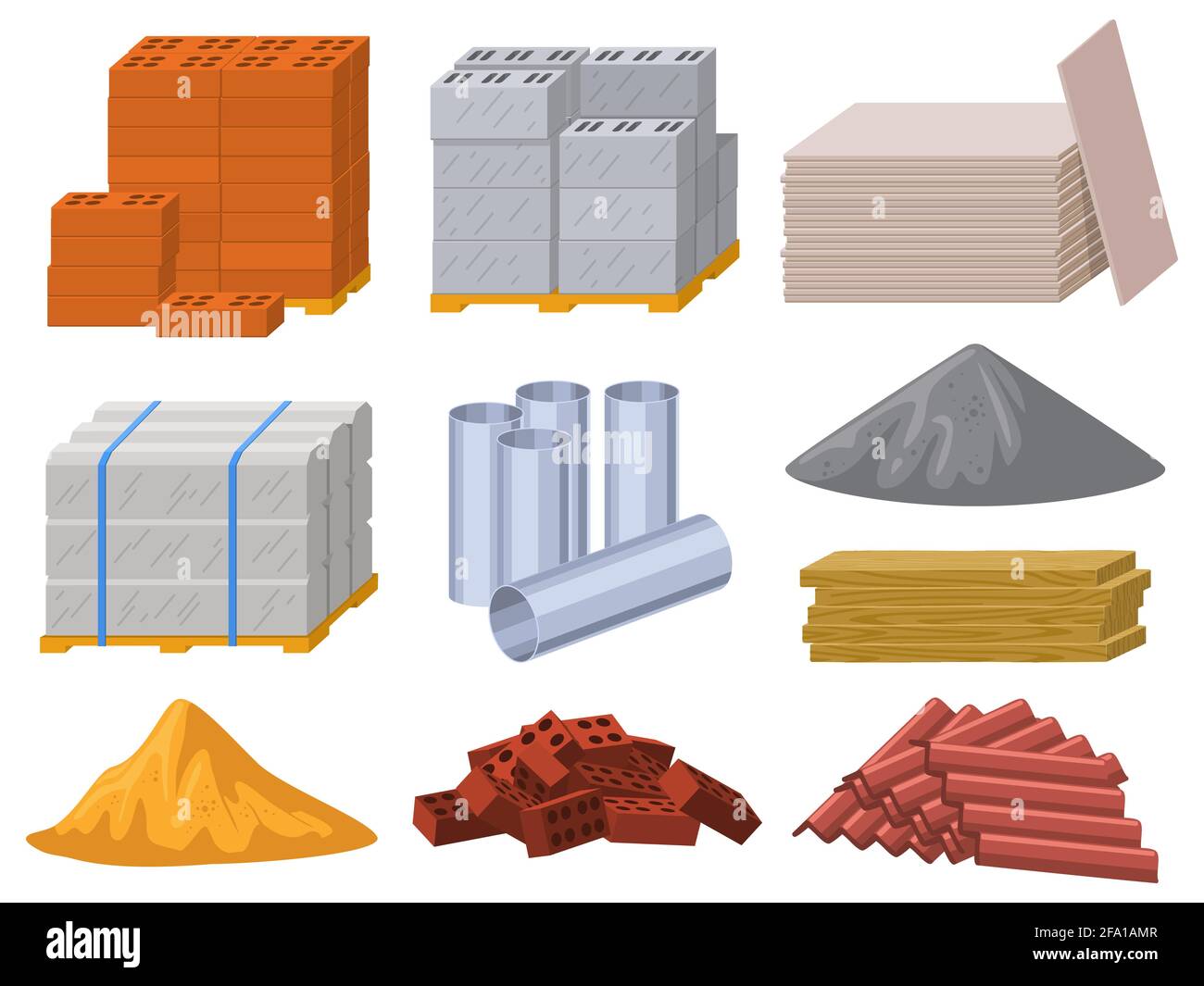 Baumaterialien. Bauindustrie Ziegel, Zement, Holzbretter und Metallrohre Vektor Illustration Set. Gebäudedämmung oder Dach Stock Vektor