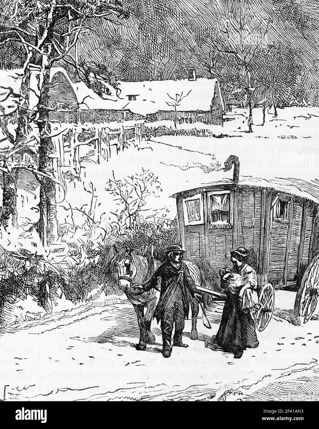 Gravur eines Paares von Zigeunern, die mit ihrem Planwagen unterwegs waren, um 1879 Stockfoto