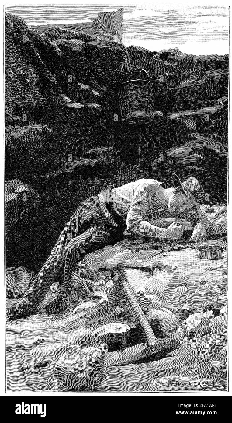Gravur eines Bergarbeiters, der auf den australischen Goldfeldern nach Gold versteinerte, um 1870 Stockfoto