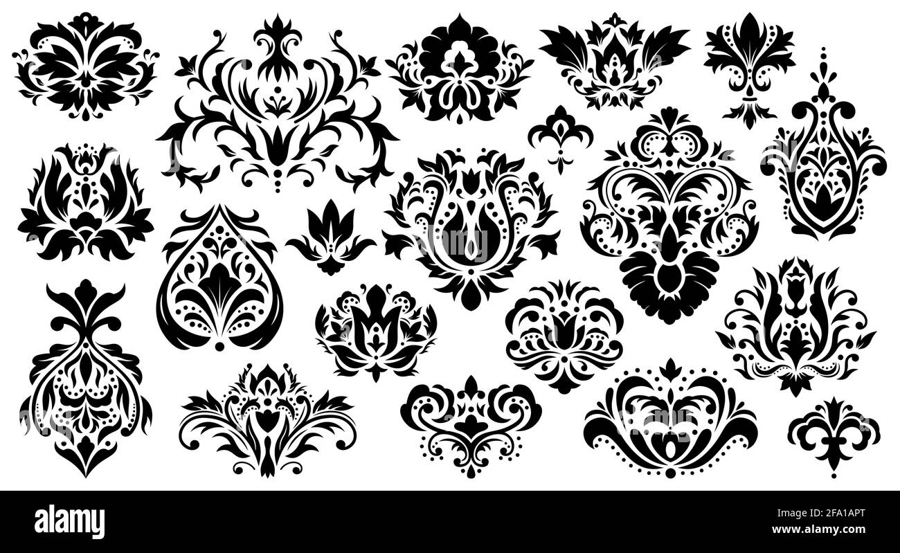 Damast Blumenschmuck. Vintage Rokoko Ornamente, Barock gemustert dekorative Elemente Vektor Illustration Set. Abstrakte Damast antike Muster Stock Vektor