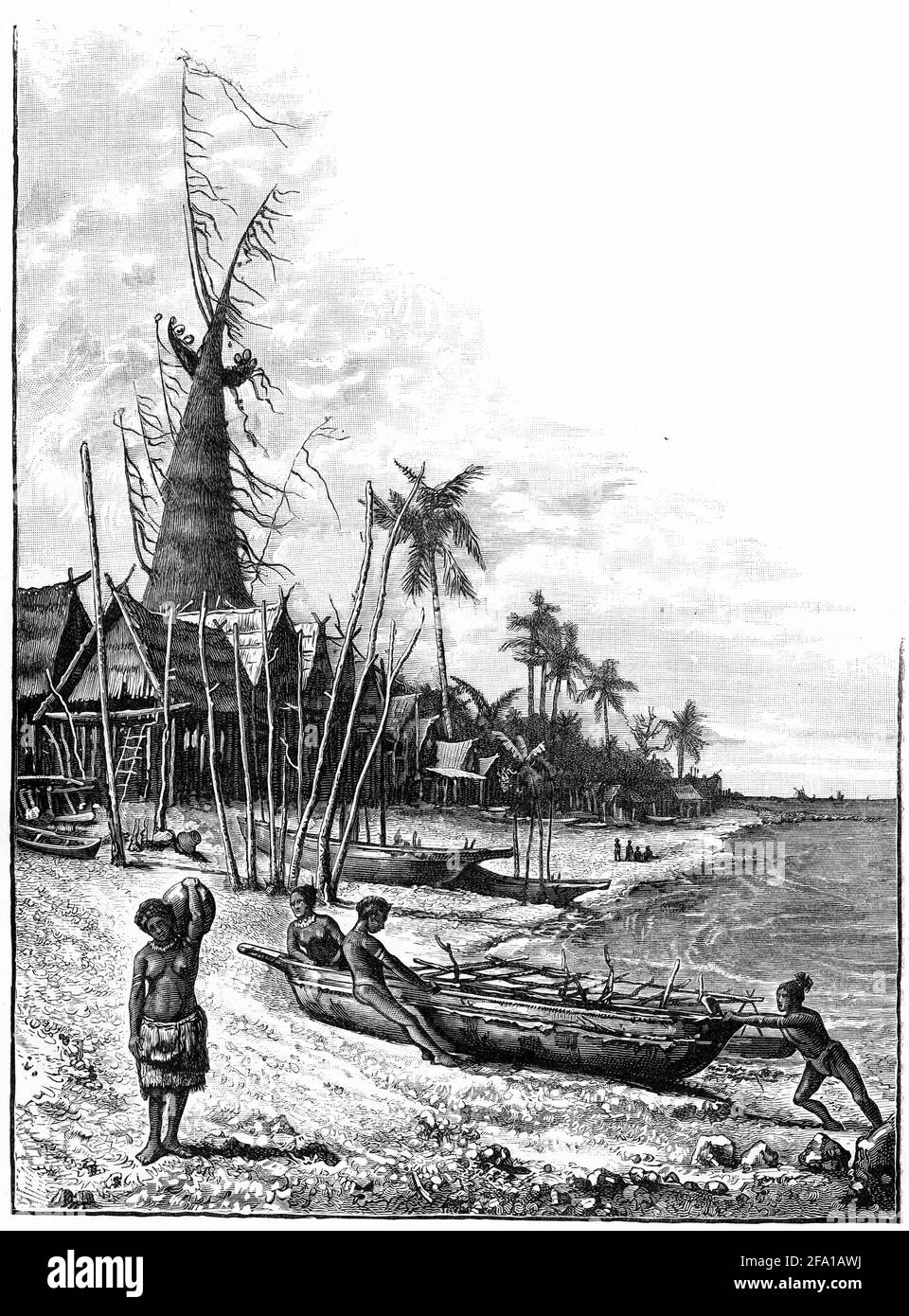 Gravur von Häusern in Kerepuna, Neuguinea, in den 1880er Jahren Stockfoto