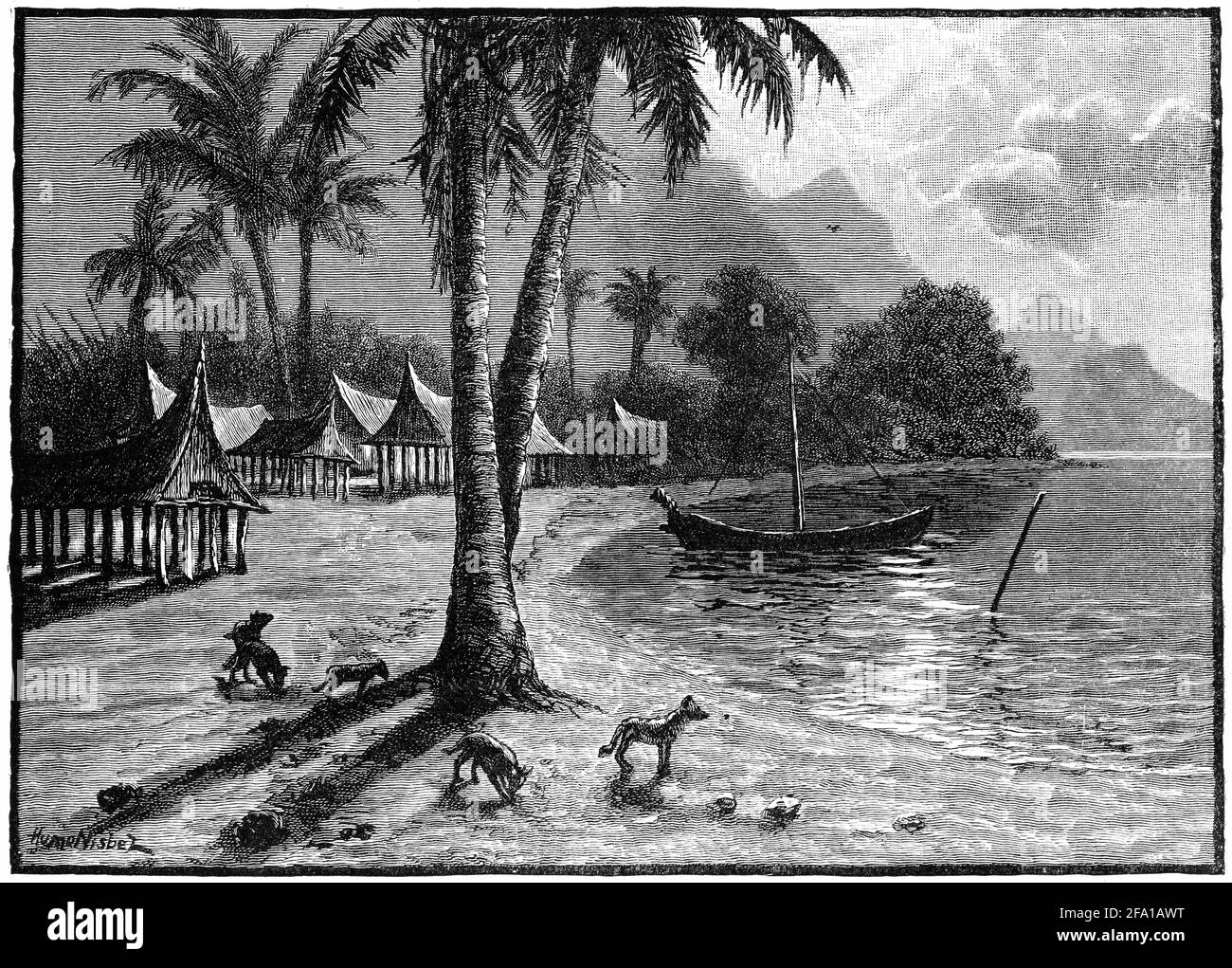 Gravur der Insel Teste, Neuguinea, in den 1880er Jahren Stockfoto