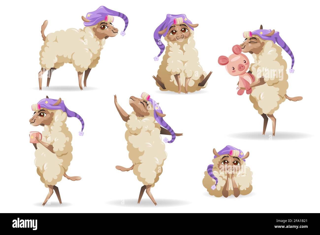Niedliche Schafe Charakter in Schlafhut in verschiedenen Posen isoliert auf weißem Hintergrund. Vektor-Set von Cartoon lustige Lamm in Nacht Mütze Lächeln, Tanz, halten Tasse und Spielzeug. Kreatives Emoji-Set, Tiermaskottchen Stock Vektor