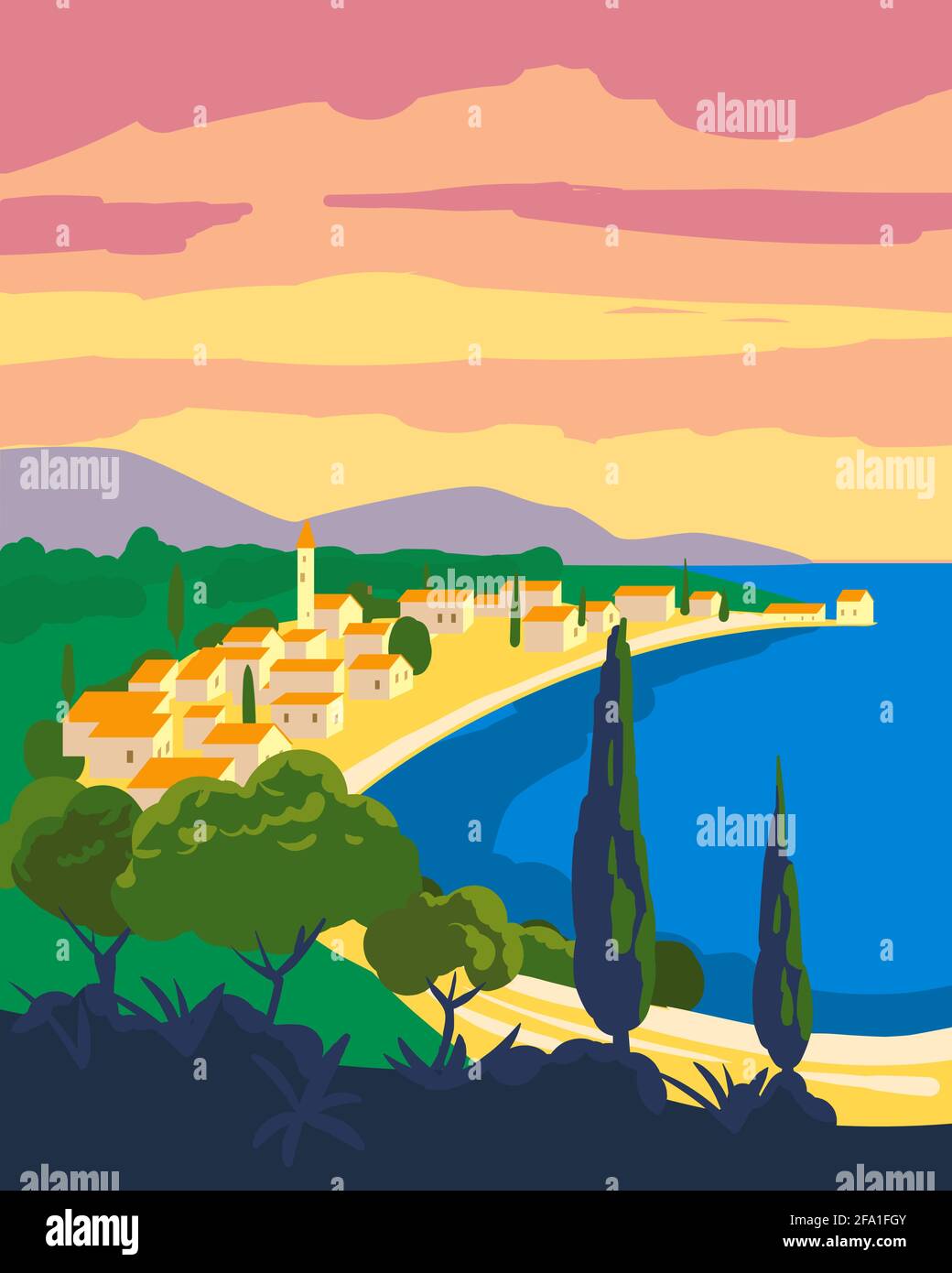 Reiseposter retro alte Stadt Mittelmeer Urlaub Europa. Urlaub Sommer Reise Meer Sonnenuntergang. Vektorgrafik im Vintage-Stil Stock Vektor