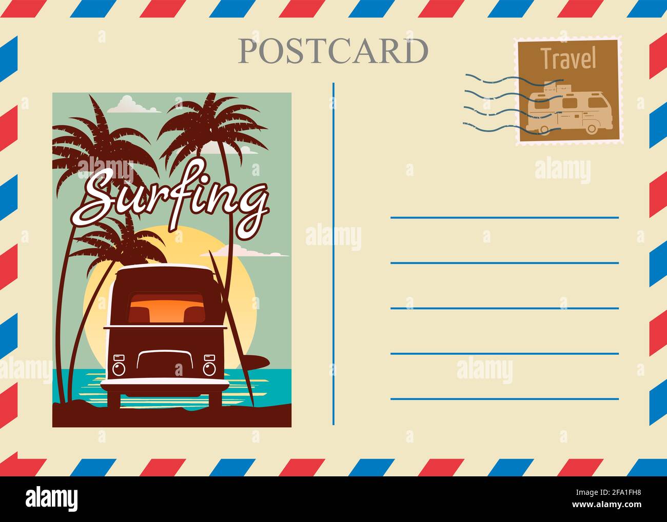 Postacrd Sommer Vintage Van Bus Surfer Ozean. Urlaubsreise-Design-Karte mit Briefmarke. Isolierte Vorlage für Vektordarstellung Stock Vektor