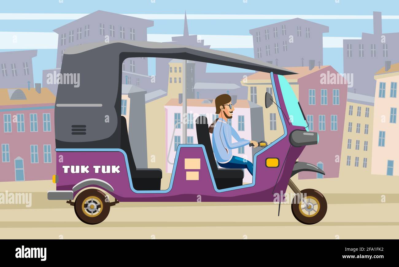 Tuk Tuk Asian Auto Rikscha Dreirad mit lokalem Fahrer. Hintergrund Stadt städtische Straße Thailand, indische Länder Baby Taxi. Vektor Stock Vektor