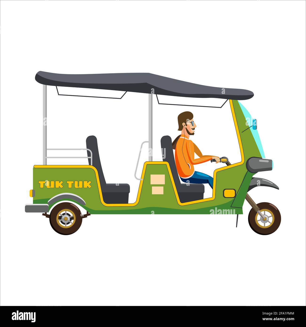 Tuk Tuk Asian Auto Rikscha Dreirad mit lokalem Fahrer. Thailand, indische Länder Baby Taxi. Vektor-Illustration isoliert Cartoon-Stil Stock Vektor