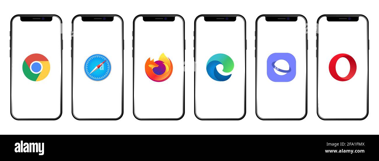 Vinnytsia, Ukraine - 21. April 2021: Set von Telefon-Bildschirm mit verschiedenen Browser-Symbole. Google Chrome, Safari, Mozilla Firefox, Microsoft Edge, Samsun Stock Vektor