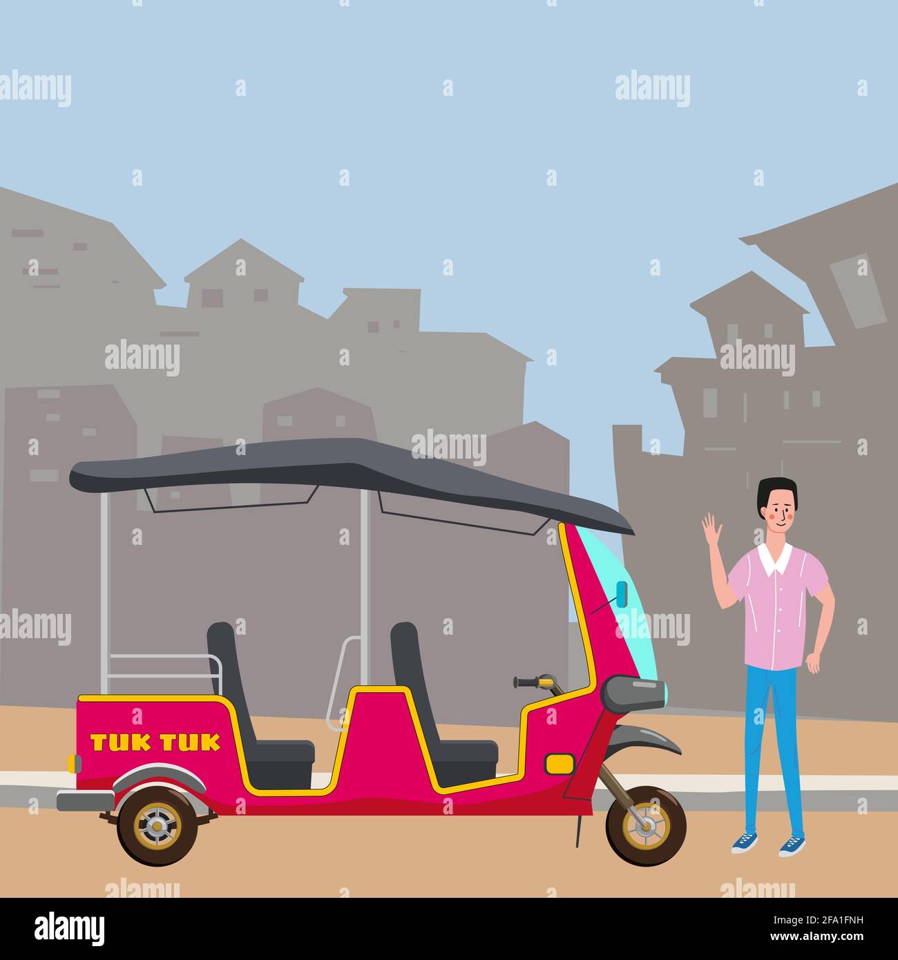 Tuk Tuk Asian Auto Rikscha Dreirad mit lokalem Fahrer. Hintergrund Stadt städtische Straße Thailand, indische Länder Baby Taxi. Vektor Stock Vektor