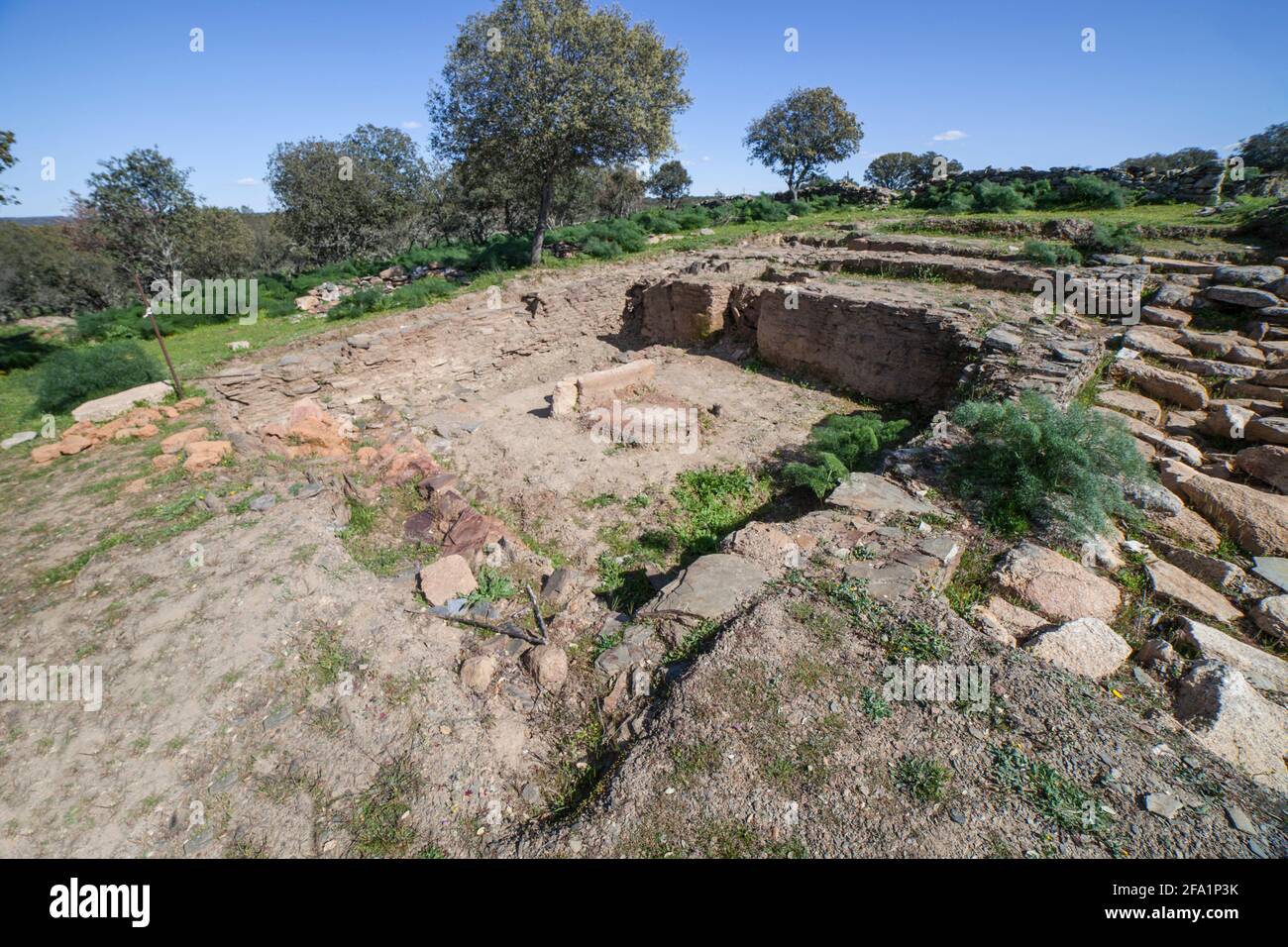 Archäologische Stätte von Tamusia, Botija, Caceres, Extremadura. Hausfundamente. Westhispano-keltische Bergfestung der Vettonier Stockfoto