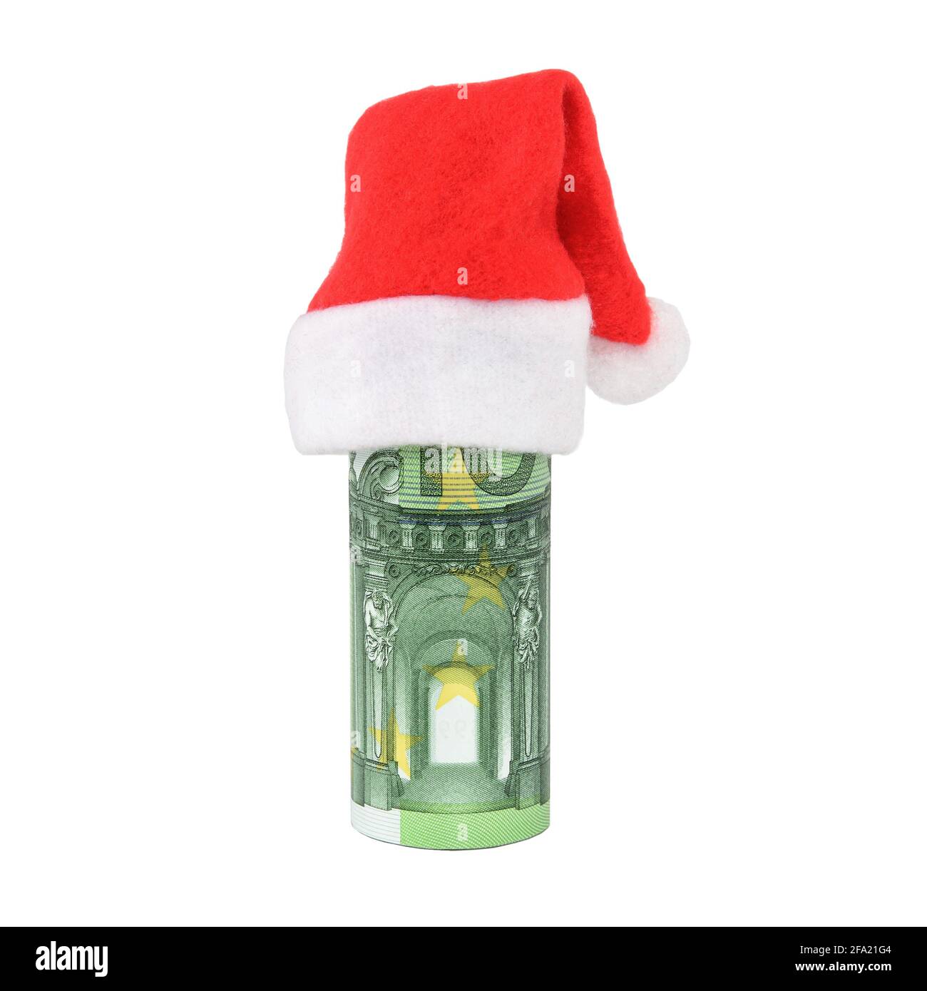 Gerollte Euro-Banknoten im Hut des Weihnachtsmannes. Weihnachtsfeiertage Geschenkkonzept. Nahaufnahme, isoliert auf weißem Hintergrund. Stockfoto