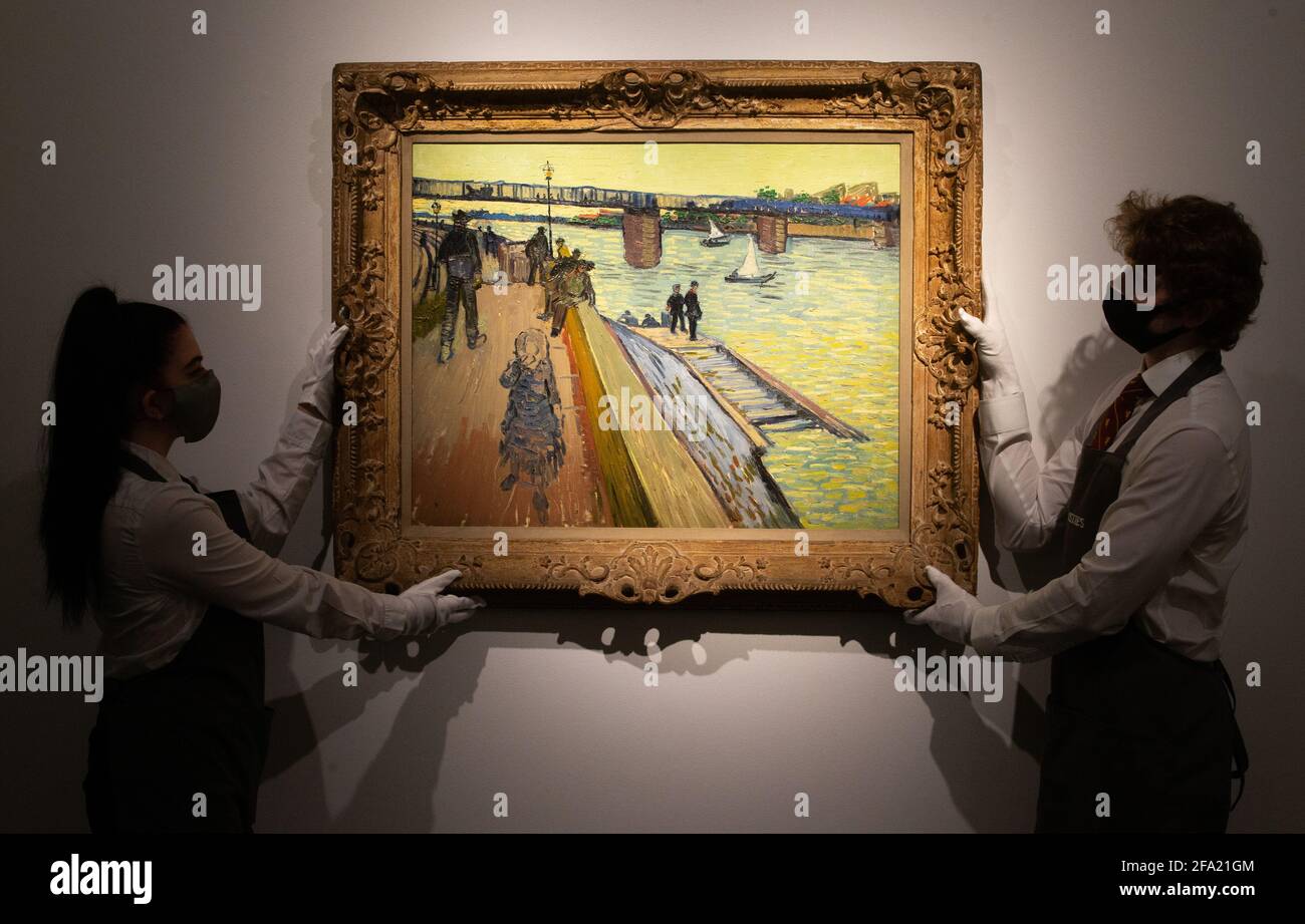 London, Großbritannien. April 2021. 'Le Pont de Trinquetaille' von Vincent Van Gogh schätzte die Zahl der Höhepunkte der Abendverkäufe im New Yorker Frühling auf 25-35 Millionen. Kredit: Mark Thomas/Alamy Live Nachrichten Stockfoto