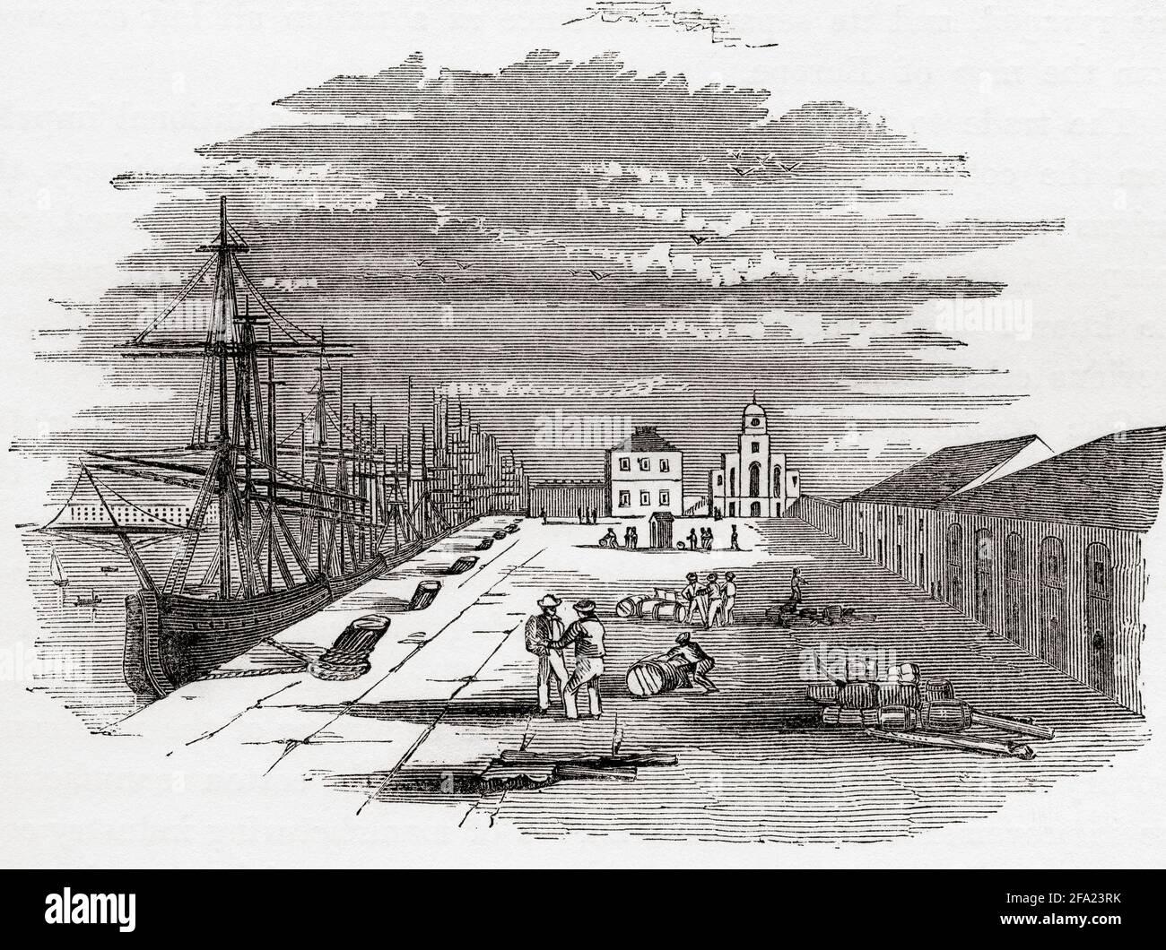 The East India Import Dock, Blackwall, London, England, hier im frühen 19. Jahrhundert zu sehen. Der Importdock wurde gebaut, um Platz zum Entladen der East Indiamen zu bieten, die von ihren Reisen zurückkehrten. Aus der Geschichte des Fortschritts in Großbritannien, veröffentlicht 1866. Stockfoto